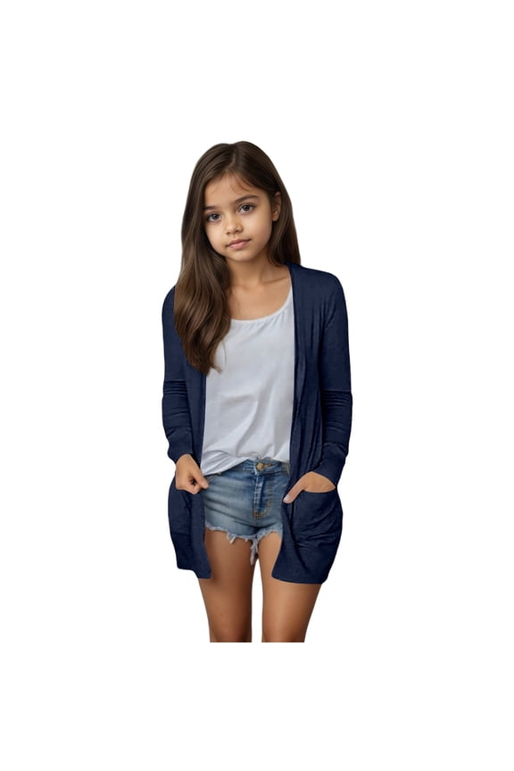 Big Girl's Sweater Long Sleeve Stylish Cardigan with Pocket Soft Comfy Thin Outerwear Sweaters Blue,Sized 10-12