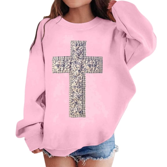 SonxaHe Big Girl's Sweatshirt Cross Printed Long Sleeve Hoodless Sports Comfy Casual Autumn Winter Tops Pink,Sized 9-10