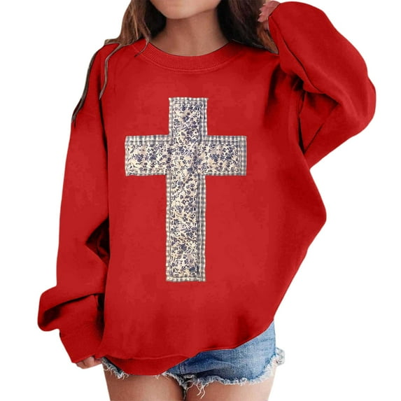 SonxaHe Big Girl's Sweatshirt Cross Printed Long Sleeve Hoodless Sports Comfy Casual Autumn Winter Tops Red,Sized 11-12