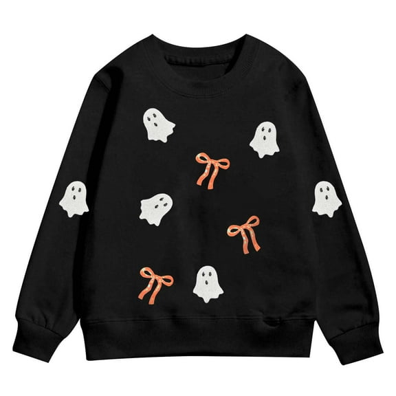 WhouRiu Big Girl's Sweatshirt Halloween Ghost Prints Long Sleeve Holiday Cozy Soft Fall Loose Sweatshirt Black,Sized 9-10