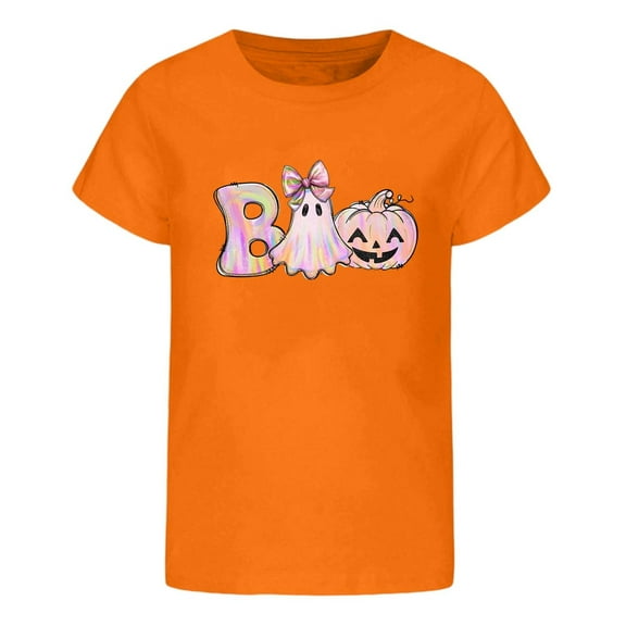 SonxaHe Big Girl's T Shirt Halloween Prints Short Sleeve Tee Child Party Cozy Loose Casual Tshirt Orange,Sized 8-9