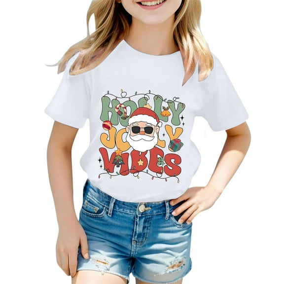 SonxaHe Big Girl's Tshirt Christmas Santa Letter Print Short Sleeved T-Shirt Kids Holiday Party Cozy Casual T Shirt White,Sized 8-9