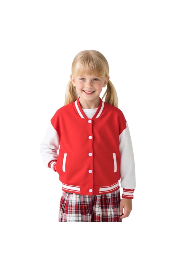 Big Girls' Bomber Jacket Stand Collar Button Colorblock Jacket Kids Relaxed Athletic Fall Casual Jackets Red,Sized 12-13