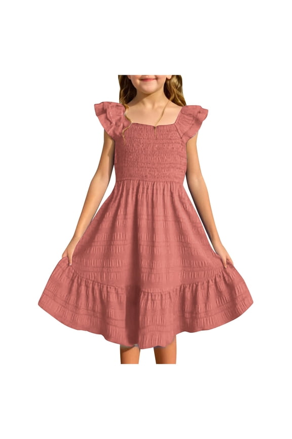 Big Girls' Dress Square Neck Ruffles Sleeveless Smocked Sundresses Kids Summer Solid Beach Dance Dresses Red,Size 7-8 Y
