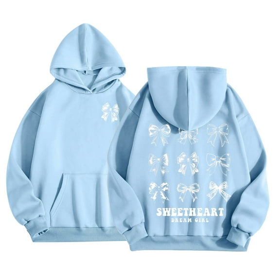 SonxaHe Big Girls Hooded Sweatshirts Bow Prints Long Sleeve Oversized Casual Winter Pullover Hoodie Blue,Sized 12-13
