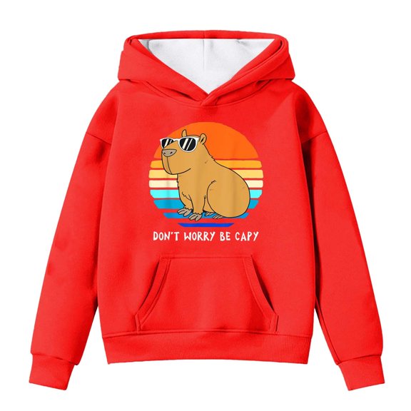 SonxaHe Big Girls' Hooded Sweatshirts Cartoon Capybara Oversized Pocket Hoodies Kids Comfy Fall Winter Hoodies Red,Sized 13-14