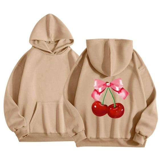 SonxaHe Big Girls Hoodies Cherry Prints Long Sleeve Comfy Cozy Loose Hooded Sweatshirts with Pocket Beige,Sized 10-11
