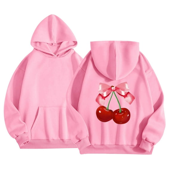 SonxaHe Big Girls Hoodies Cherry Prints Long Sleeve Comfy Cozy Loose Hooded Sweatshirts with Pocket Pink,Sized 12-13