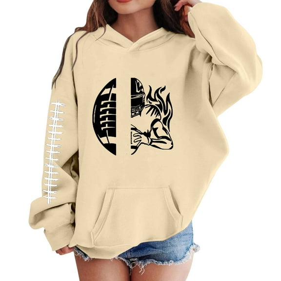 SonxaHe Big Girls' Hoodies Sweatshirts Baseball Print Long Sleeve Winter Warm Pullover Hooded Tops Beige,Sized 13-14