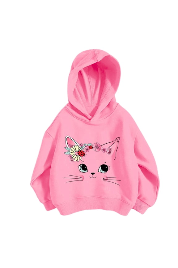 Big Girls Hoodies and Sweatshirts Long Sleeve Cute Cat Prints Outdoor Loose Hooded Sweatshirts Pink,Sized 7-8
