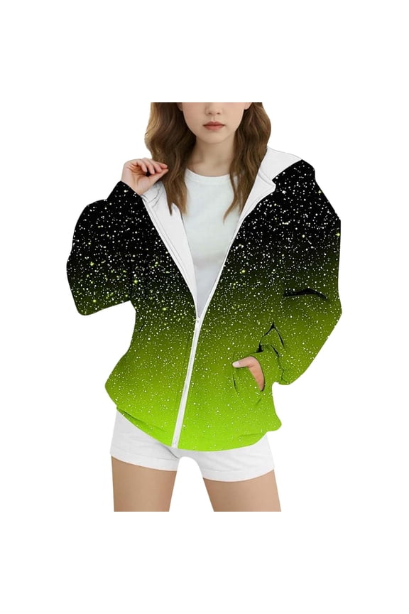 Big Girls' Jacket Gradient Prints Fleece Zip Up Hooded Jacket Child Athletic Lightweight Warm Outerwear Jackets Green,Sized 8-9