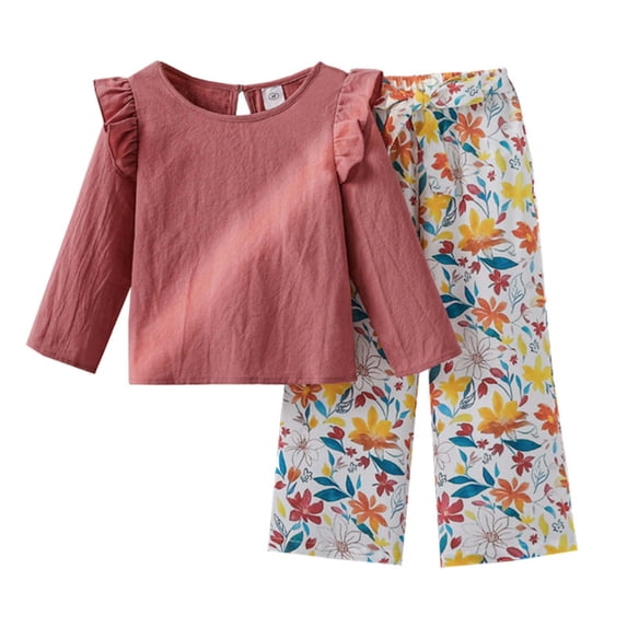 SonxaHe Big Girls Outfit Set Floral Graphic Ruffle Tshirt Pants Lightweight Comfortable Spring Fall Outfit Set for Kids Red,Size 7-8 Y