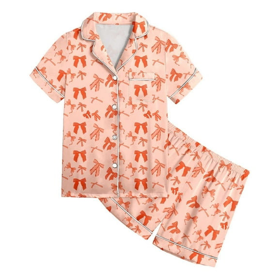 SonxaHe Big Girls Outfit Set Satin Bow Prints Short Sleeve Button Shirt Shorts Children Silk Comfy Sleepwear Outfits Orange,Sized 7-8