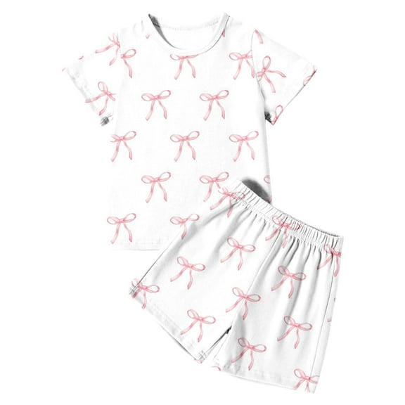 SonxaHe Big Girls Outfits Bow Prints Short Sleeve T Shirt Shorts Children Soft Sleepwear Comfy Homewear Outfit Set White,Sized 11-12