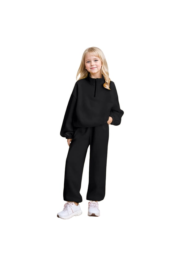 Big Girls Outfits Fleece Stand Collar Long Sleeve Top Pants Kids Soft Warm Sports Comfortable Outfit Set Black,Size 10-11 Y