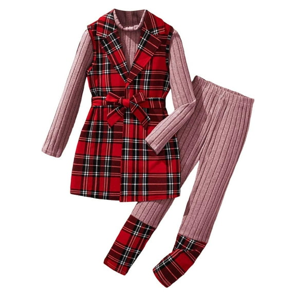 SonxaHe Big Girls' Outfits Plaid Lapel Long Jacket Long Sleeve Ribbed Knit Top Pants Stylish Outerwear Autumn Outfits,3-Piece Pink,Sized 9-10