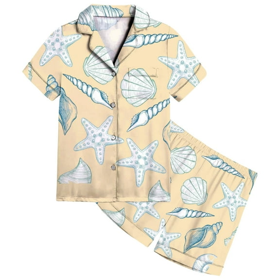 SonxaHe Big Girls Outfits Satin Cartoon Ocean Print Short Sleeve Shirt Shorts Child Soft Cozy Homewear Outfit Set Beige,Sized 8-9