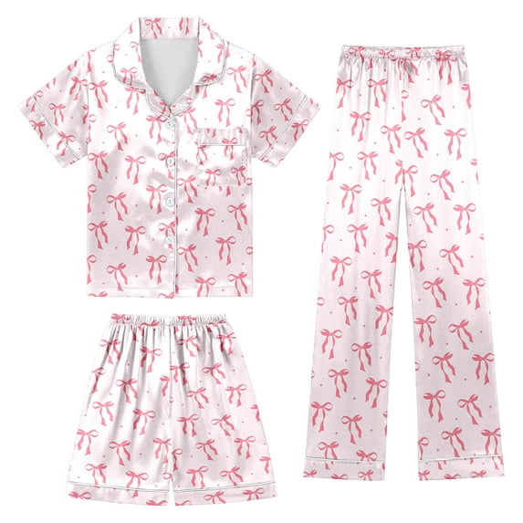 SonxaHe Big Girls Outfits Satin Silk Bow Print Short Sleeve Shirt Shorts Pants Kids Sleepwear Comfy Loungewear Outfits,3-Piece Pink,Sized 8-9