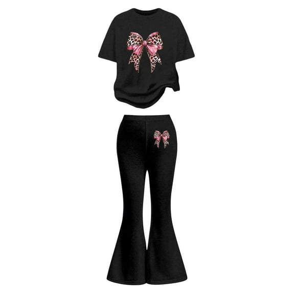 SonxaHe Big Girls Outfits Valentine's Day Bow Graphic Short Sleeve Tshirt Flared Pants Stylish Comfy Outfit Set for Kids Black,Size 9-10
