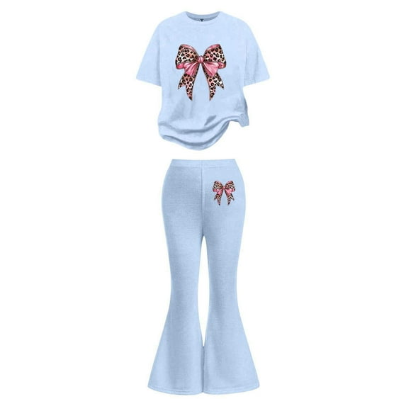 SonxaHe Big Girls Outfits Valentine's Day Bow Graphic Short Sleeve Tshirt Flared Pants Stylish Comfy Outfit Set for Kids Blue,Size 7-8