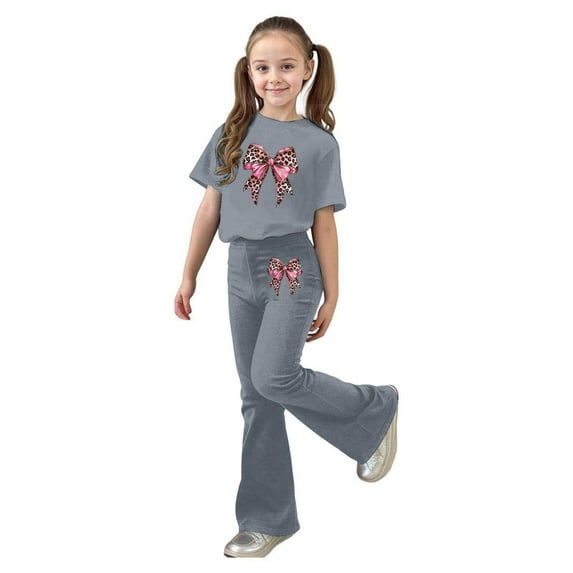 SonxaHe Big Girls Outfits Valentine's Day Bow Graphic Short Sleeve Tshirt Flared Pants Stylish Comfy Outfit Set for Kids Gray,Size 9-10
