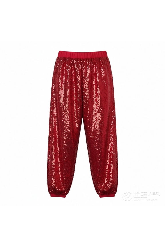 Big Girls' Pants Carnival Sequin Jogger Pants with Elastic Waist Glitter Dancewear Hip Hop Party Trousers Red,Size 9-10 Y