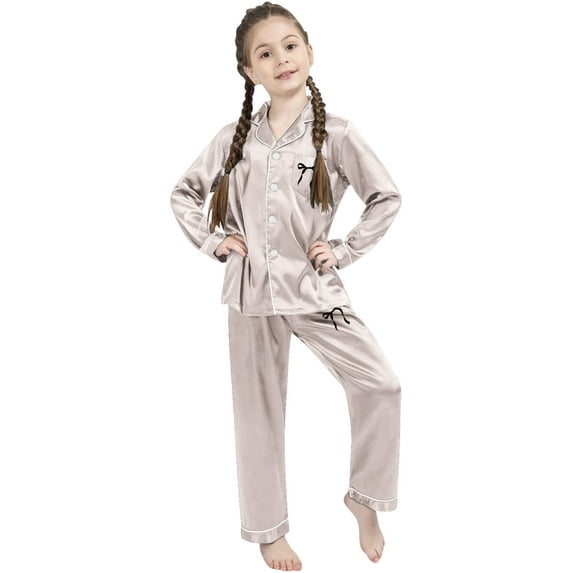 SonxaHe Big Girls Satin Sleepwear Outfits Solid Long Sleeve Shirt Pants Child Soft Nightwear Home Wear Outfits Beige,Sized 9-10