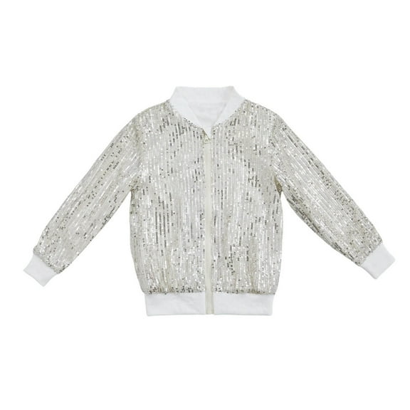 SonxaHe Big Girls Sequin Jackets Solid Long Sleeve Zip Up Party Shiny Fashion Loose Comfy Clothes Silver,Sized 7-8