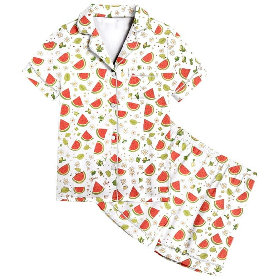 SonxaHe Big Girls Sleepwear Outfit Set Fruit Print Short Sleeve Shirt Shorts Kids Home Wear Loungewear Soft Outfits White,Sized 10-11