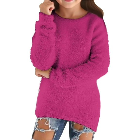 SonxaHe Big Girls Sweater Flannel Warm Loose Long Sleeve Knit Top Kids Fuzzy Thickened Soft Cozy Winter Sweaters Pink,Sized 7-8