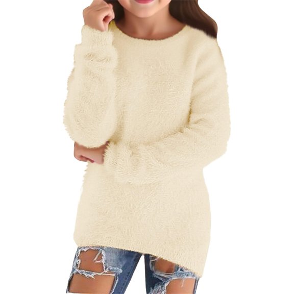 SonxaHe Big Girls Sweater Flannel Warm Loose Long Sleeve Knit Top Kids Fuzzy Thickened Soft Cozy Winter Sweaters Yellow,Sized 7-8