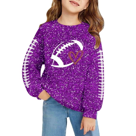 SonxaHe Big Girls Sweatshirt Glitter Rugby Graphic Long Sleeve Relaxed Soft Comfy Casual T Shirt Purple,Sized 13-14