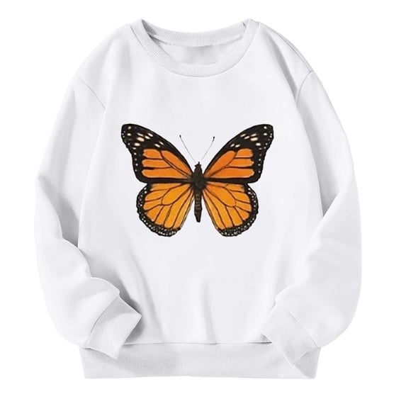 SonxaHe Big Girls Sweatshirts Butterfly Animal Print Long Sleeve Oversized Pullover Warm Casual Tops White,Sized 13-14