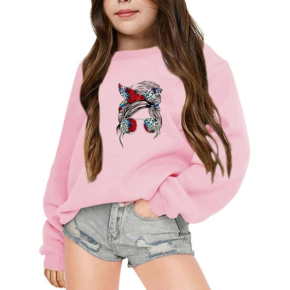 SonxaHe Big Girls' Sweatshirts Long Sleeve Cartoon Print Relaxed Casual Pullover Sweatshirt with Pocket Pink,Sized 13-14
