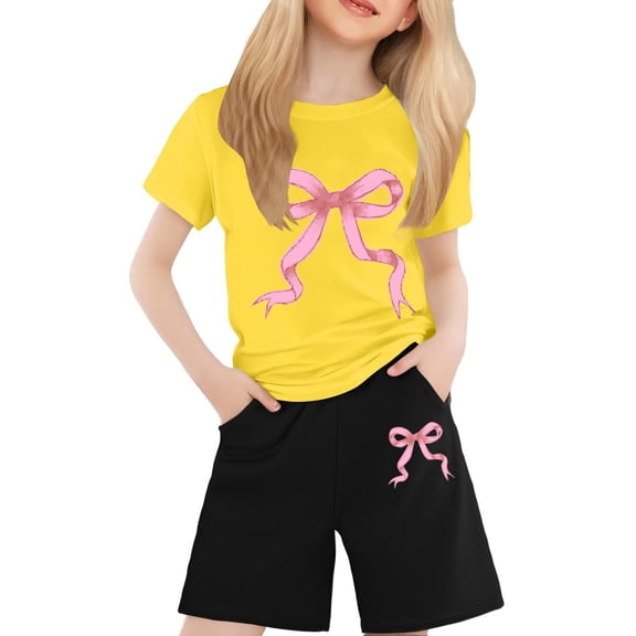 SonxaHe Big Girls' Valentine's Day Outfits Sweet Bow Print Short Sleeve T Shirt Shorts Comfy Breathable Sports Outfit Set Yellow,Sized 12-13
