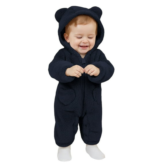 SonxaHe Bodysuits for Newborn Boys Fleece Warm Bear Hooded Romper Baby Long Sleeve Soft Cozy Jumpsuit Clothes Blue,Size 3-6 M