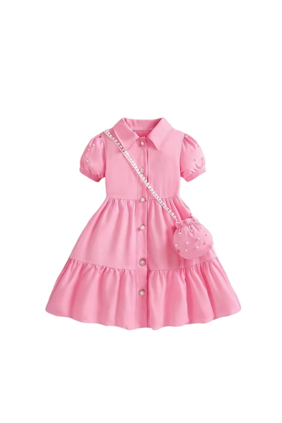 Dress for Infant Girl Puff Sleeves Lapel Button Dresses Child Summer Cozy Thin School Fashion Dress Clothes Pink,Szie 1-2 Y