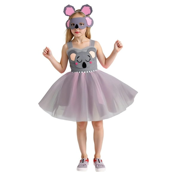 SonxaHe Dress for Little Girl Cartoon Role Play Sleeveless Tutu Dress Kids Performance Stage Mesh Dresses,3-Piece Gray,Size 11-12 Y