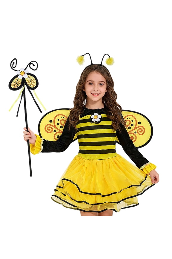 Dress for Little Girl Holiday Bee Role Play Tutu Dress Children Cute Party Performance Dance Dresses,4-Piece Yellow,Szie 4-6 Y