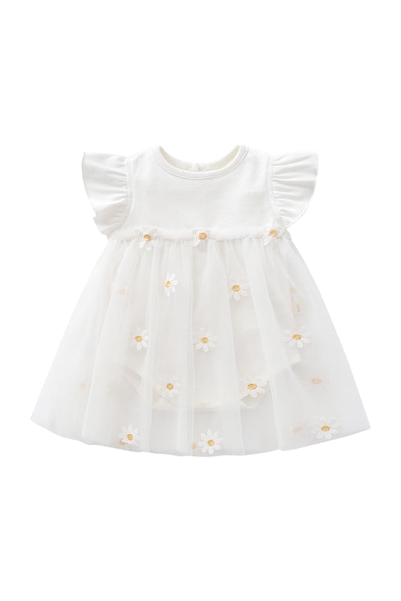 Dress for Newborn Girl Daisy Prints Ruffle Sleeve Mesh Dress Children Cute Summer Outdoor Princess Dresses White,Size 0-3 M