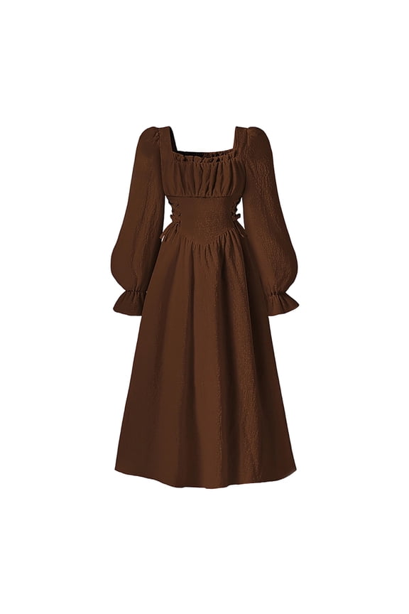 Dresses for Big Girl Puff Sleeve Square Neck Long Dress Kids Elegant Spring Birthday Princess Gown Brown,Size 8-13 Y