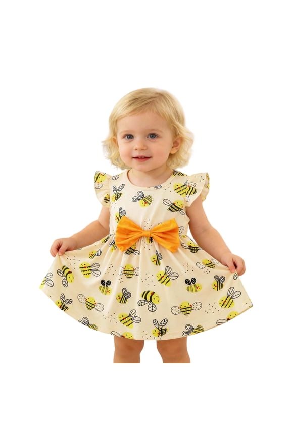 Dresses for Newborn Girls Cute Bee Print Ruffle Sleeve Dress with Bow Baby Fashion Spring Summer Party Dress Yellow,Szie 3-6 M