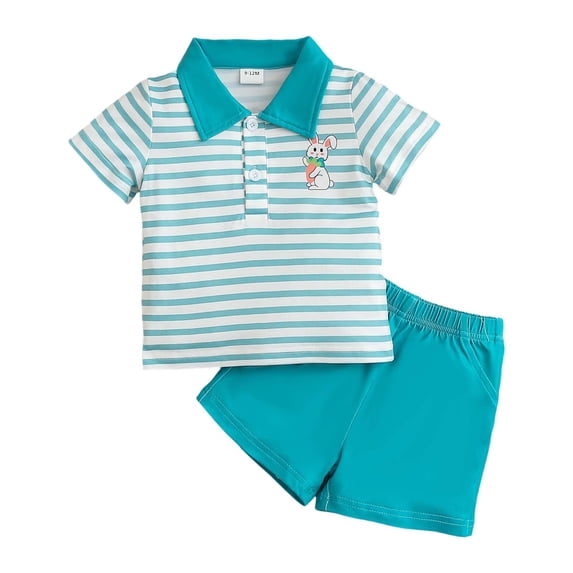 SonxaHe Infant Boy Outfit Set for Easter Short Sleeve Striped T Shirt Shorts Gentleman Holiday Summer Outfits for Teen Blue,Size 9-12 M