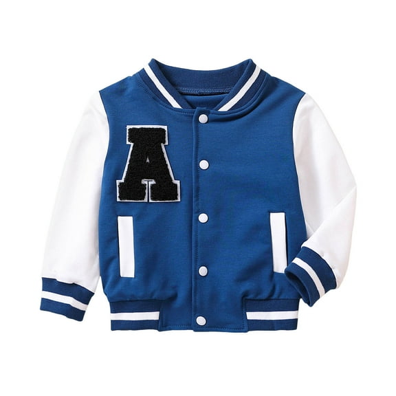 SonxaHe Boy's Bomber Jacket Letter Prints Color Block Button Warm Fall Winter Windproof Coats Blue,Sized 18-24 M