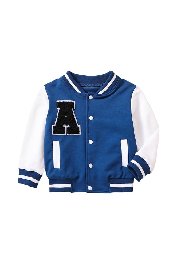 Boy's Bomber Jacket Letter Prints Color Block Button Warm Fall Winter Windproof Coats Blue,Sized 18-24 M