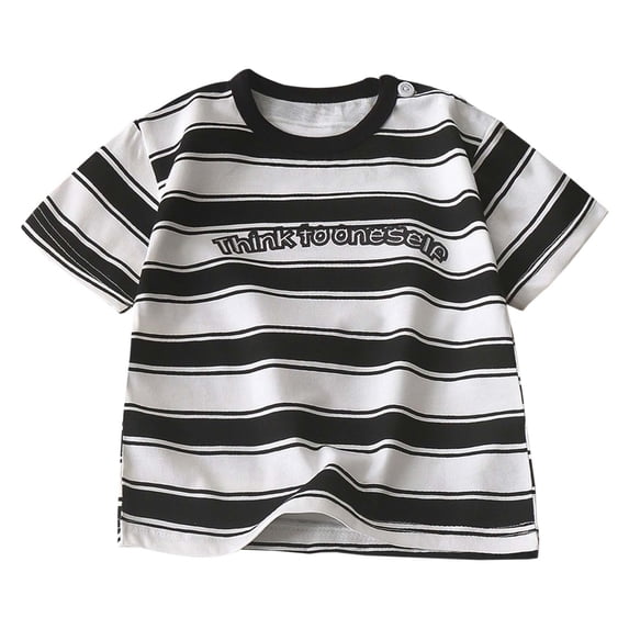 SonxaHe Infant Boy's Tshirt Short Sleeve Round Neck Striped Print Tee Streetwear Durable Breathable T Shirt Black