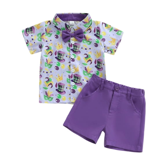 SonxaHe Infant Boys Carnival Outfits Cartoon Prints Short Sleeve Shirt Shorts Children Gentleman Formal Party Outfit Set Purple,Size 18-24 M