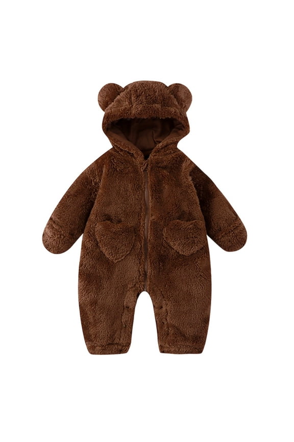 Infant Boys Flannel Outfits Winter Fleece Warm Bear Hooded Romper Baby Soft Cozy Sleepwear Homewear Outfit Set Brown,Sized 9-12 M
