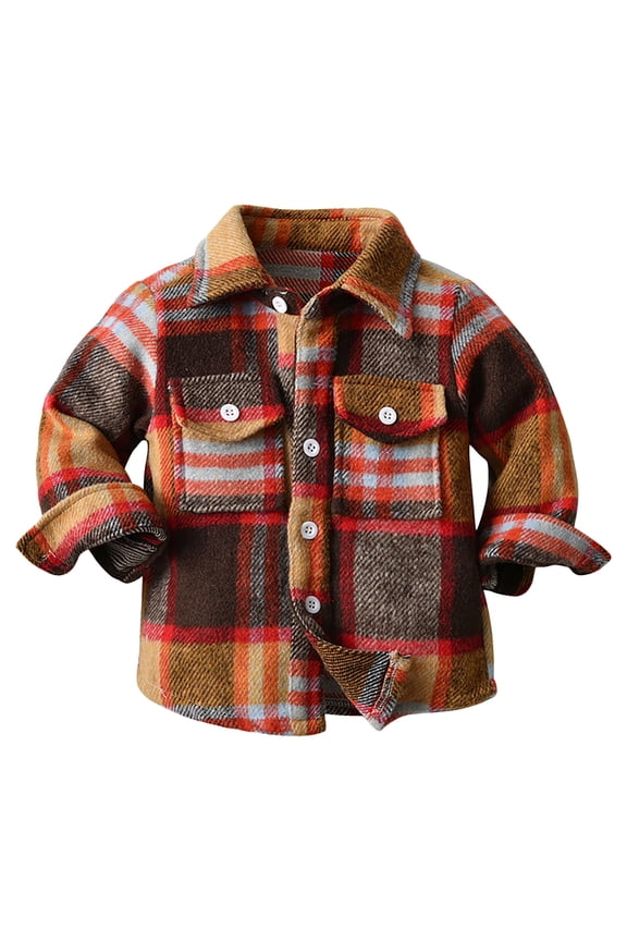 Infant Boys Jacket Plaid Lapel Long Sleeve Button Tops Children Fleece Streetwear Soft Cozy Autumn Jackets Brown,Sized 18-24 M