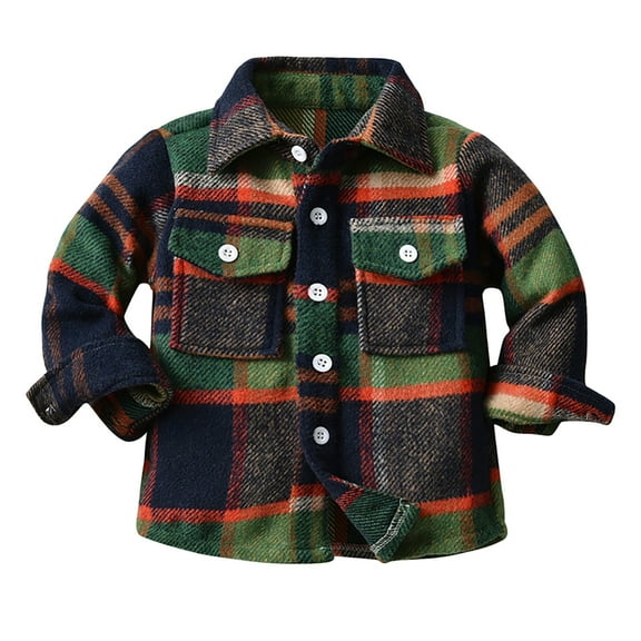 SonxaHe Infant Boys Jacket Plaid Lapel Long Sleeve Button Tops Children Fleece Streetwear Soft Cozy Autumn Jackets Green,Sized 12-18 M
